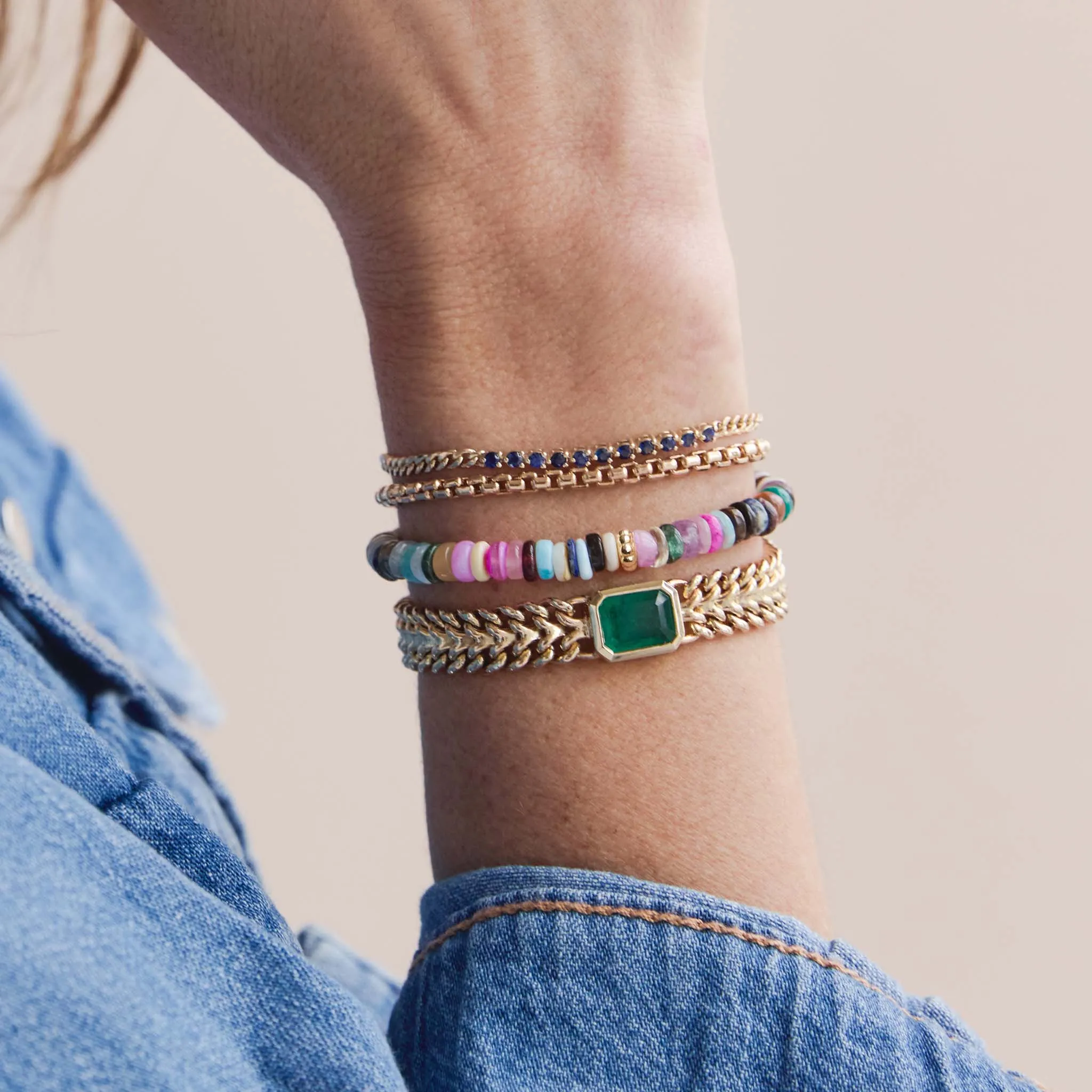 14k Beaded Gold & Mixed Dark Gemstone Rondelle Bead Bracelet