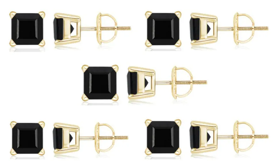18k Yellow Gold Plated Created Black Sapphire 4Carat Square Cut Pack of Five Stud Earrings
