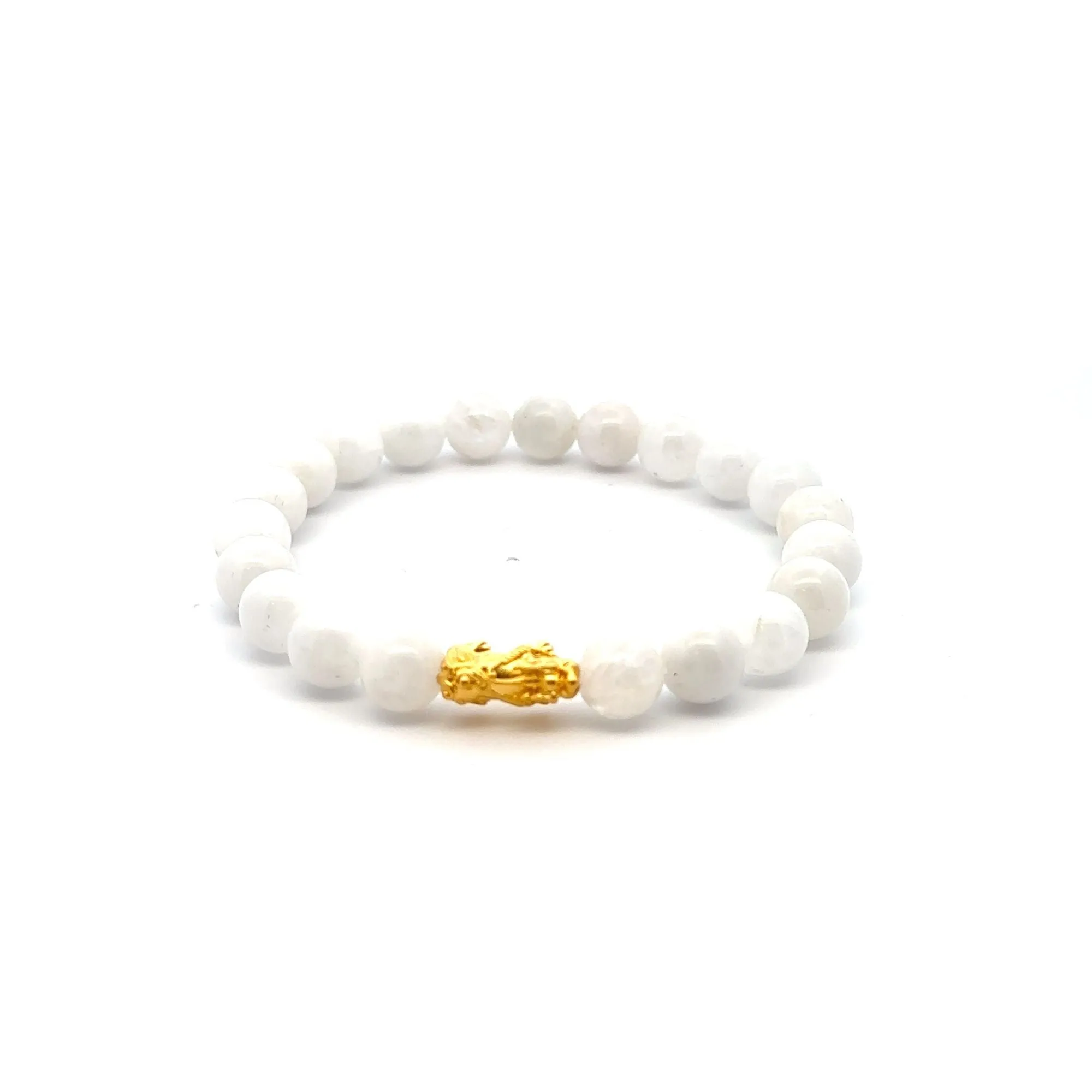 24K Gold Piyao Pixiu Dragon Lucky Charm Bracelet Gemstones Birthstones Moonstone 8mm S6.5"