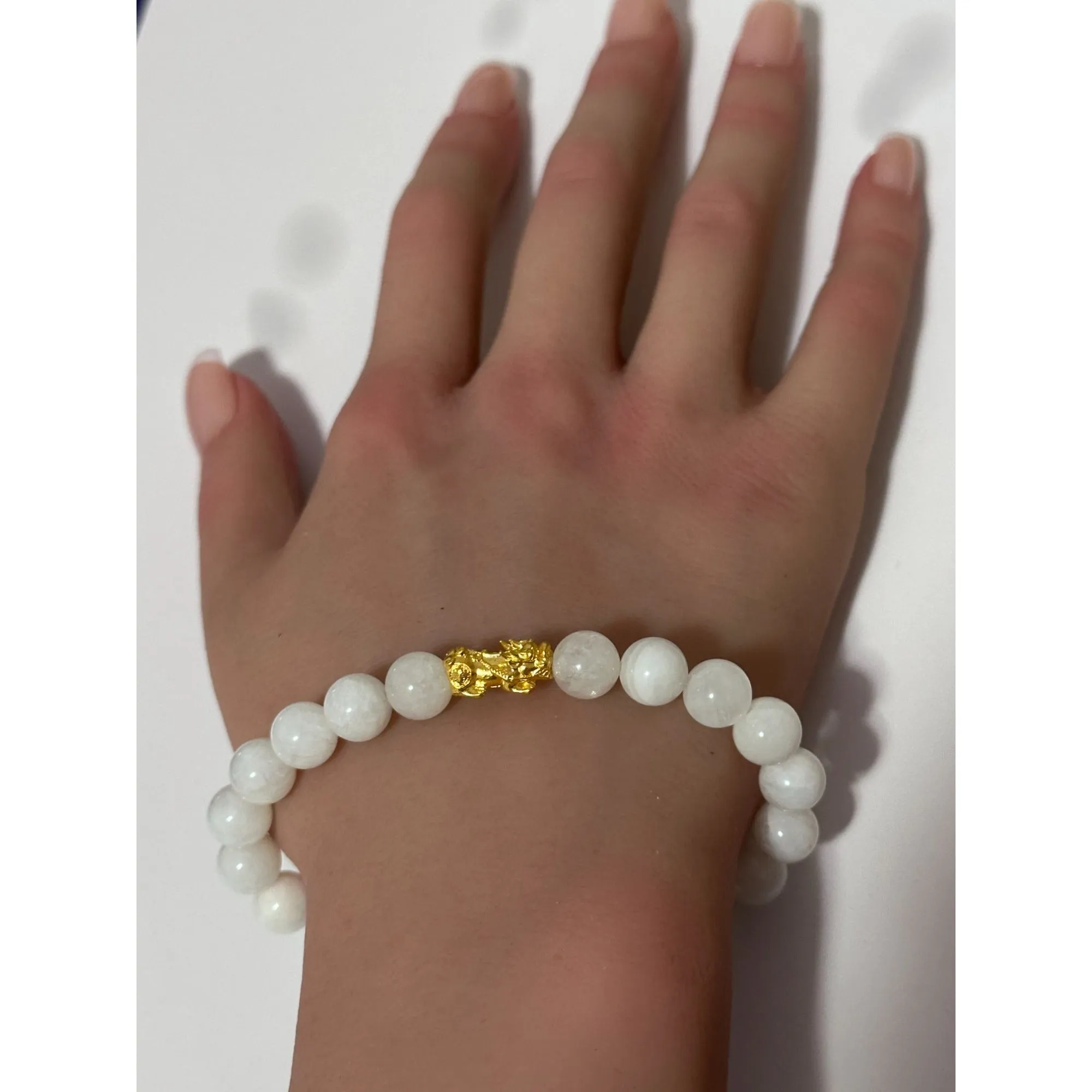 24K Gold Piyao Pixiu Dragon Lucky Charm Bracelet Gemstones Birthstones Moonstone 8mm S6.5"