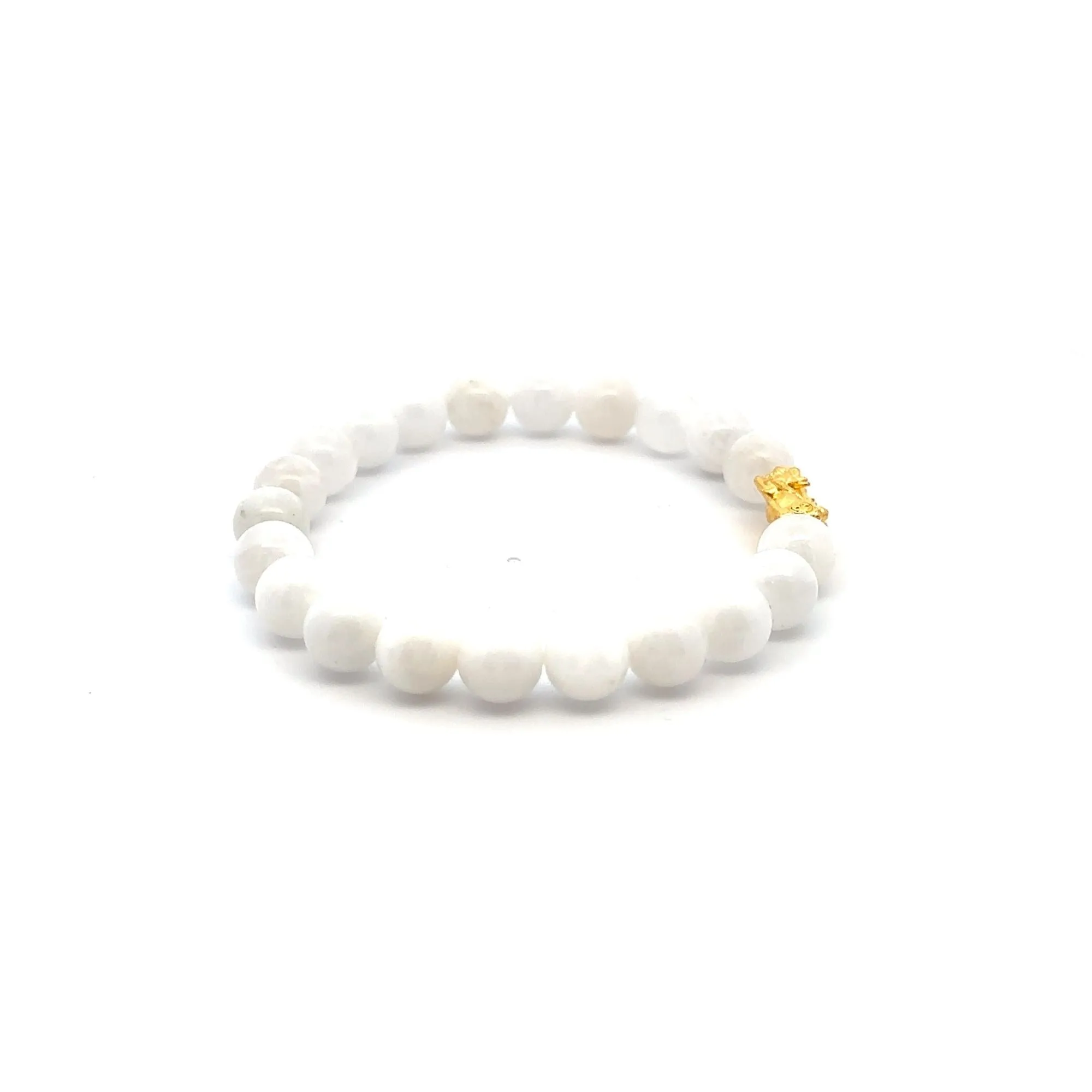 24K Gold Piyao Pixiu Dragon Lucky Charm Bracelet Gemstones Birthstones Moonstone 8mm S6.5"
