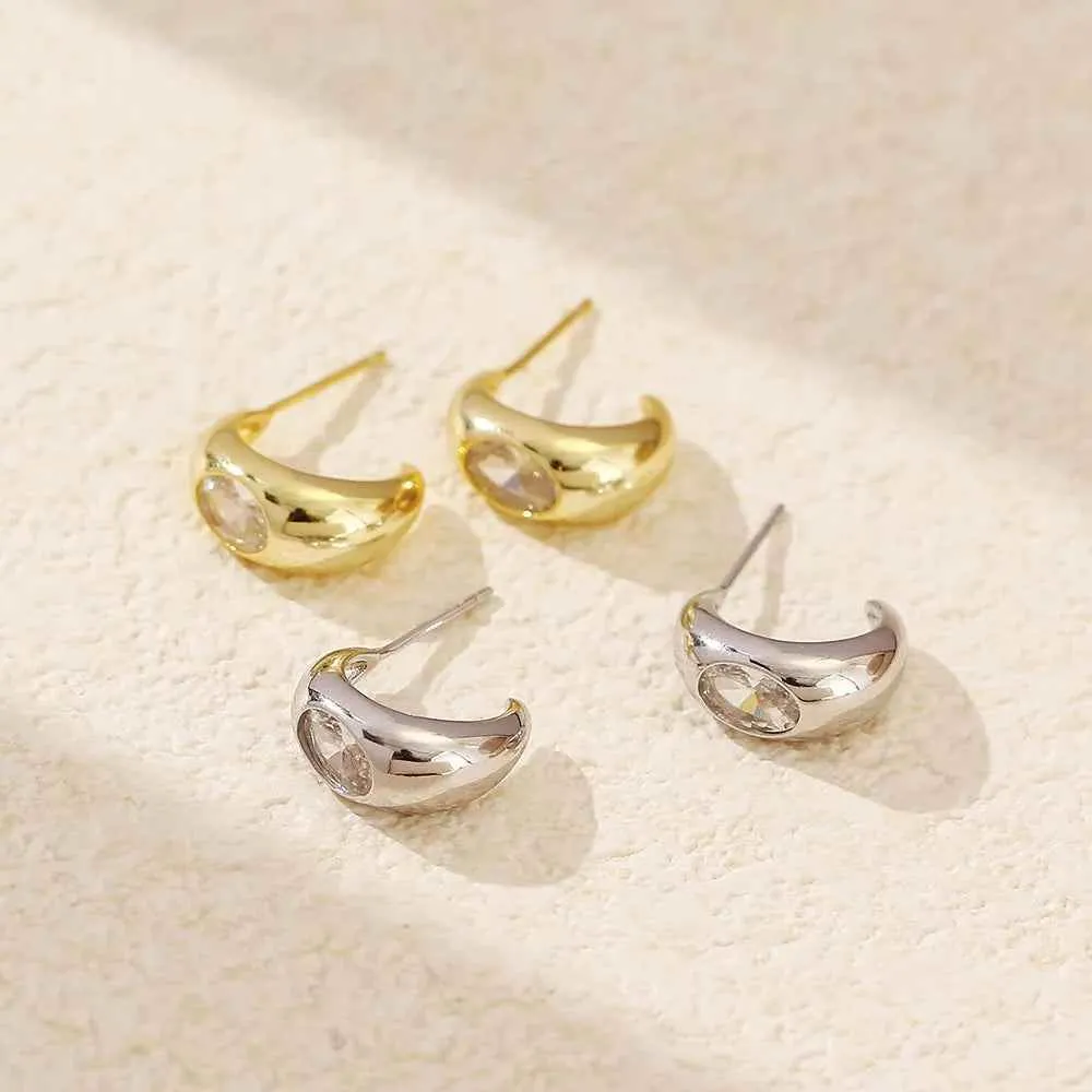 925 Sterling Silver Stud Earrings Charm Jewelry - C-shaped Metal - YH0453