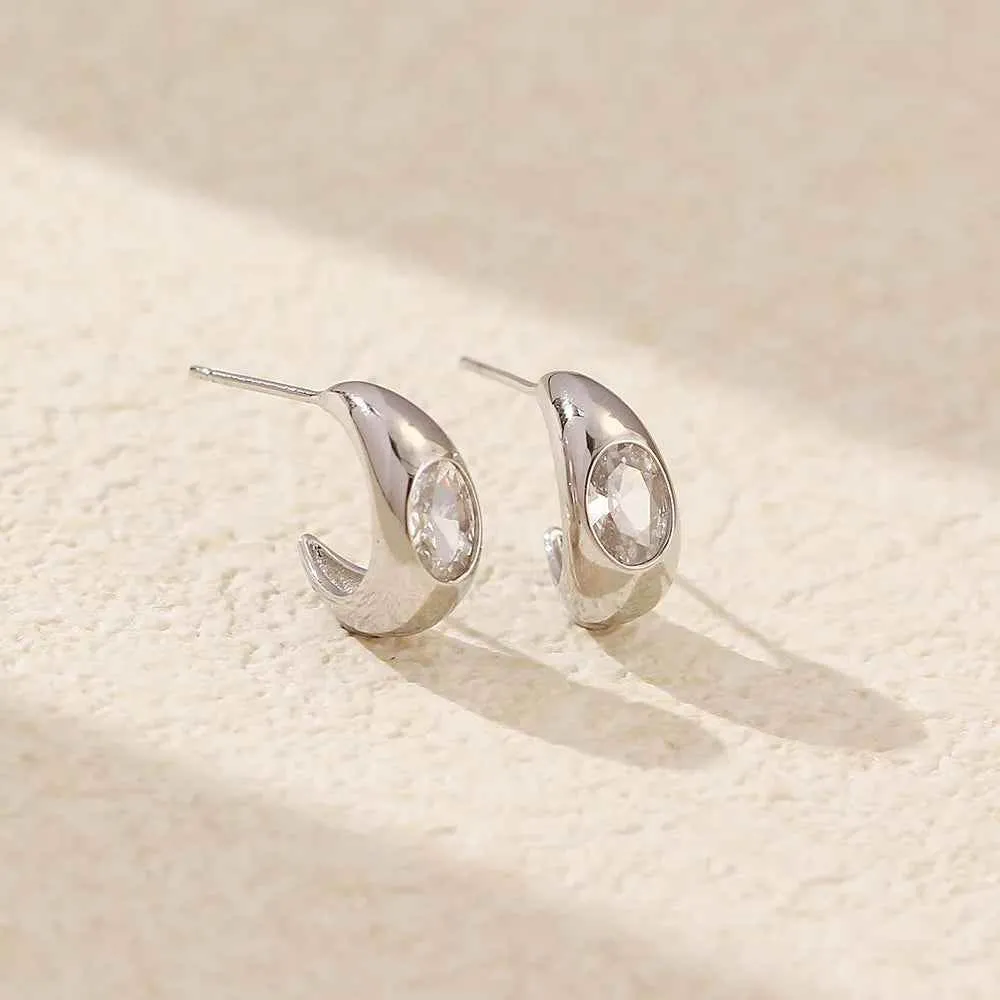 925 Sterling Silver Stud Earrings Charm Jewelry - C-shaped Metal - YH0453