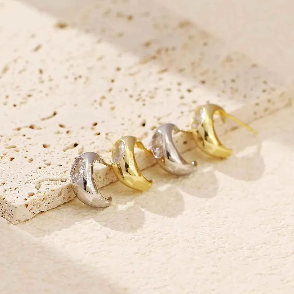 925 Sterling Silver Stud Earrings Charm Jewelry - C-shaped Metal - YH0453