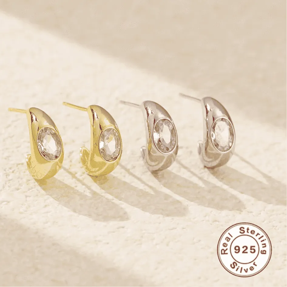925 Sterling Silver Stud Earrings Charm Jewelry - C-shaped Metal - YH0453