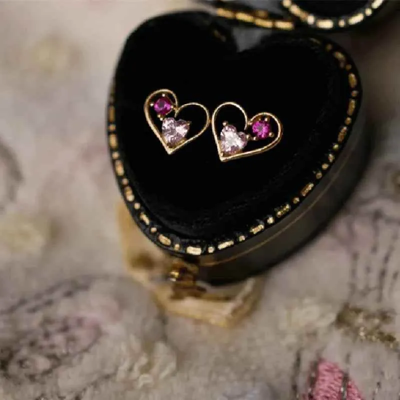 925 Sterling Silver Stud Earrings Charm Jewelry - Hollow Pink Heart - Xm369