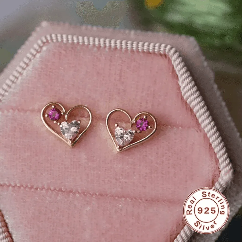 925 Sterling Silver Stud Earrings Charm Jewelry - Hollow Pink Heart - Xm369