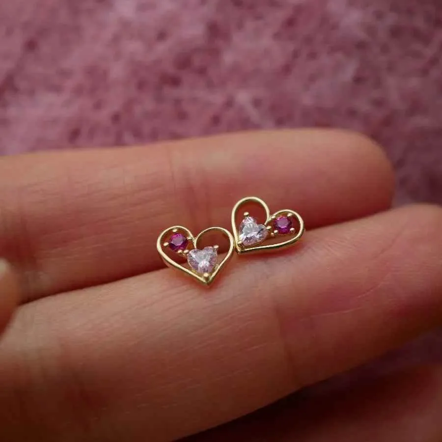 925 Sterling Silver Stud Earrings Charm Jewelry - Hollow Pink Heart - Xm369