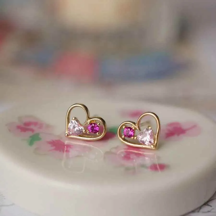 925 Sterling Silver Stud Earrings Charm Jewelry - Hollow Pink Heart - Xm369