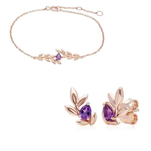 Bracelet et Boucles d'Oreilles Clou O Leaf Or Rose 375 Améthyste