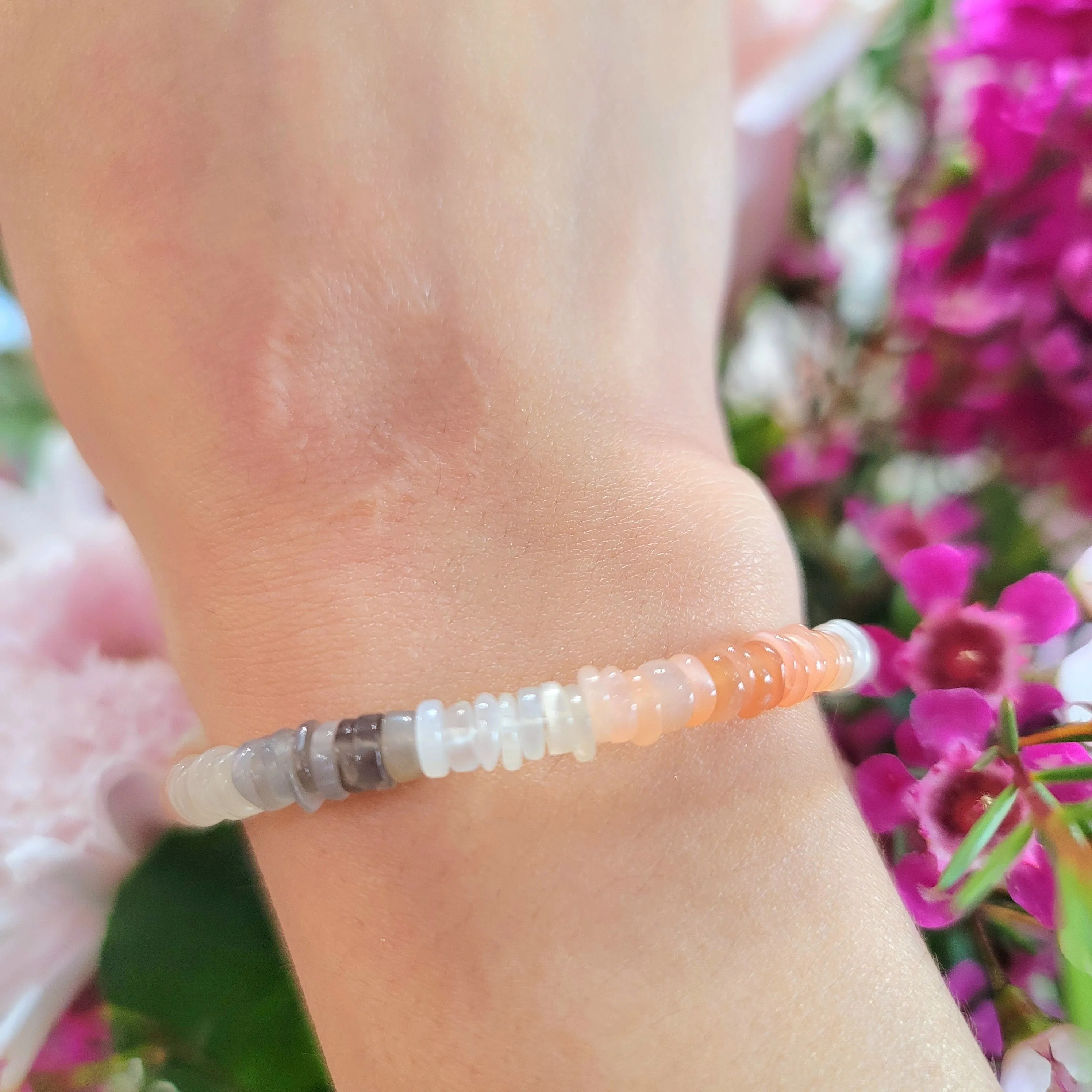 Champagne Moonstone, Peach Moonstone, Silver Moonstone Rondelle Bracelet for New Beginnings