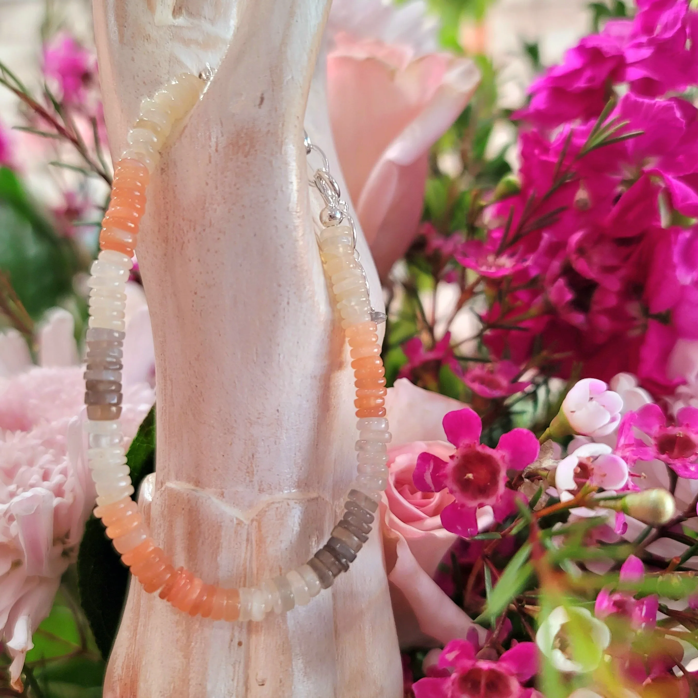 Champagne Moonstone, Peach Moonstone, Silver Moonstone Rondelle Bracelet for New Beginnings