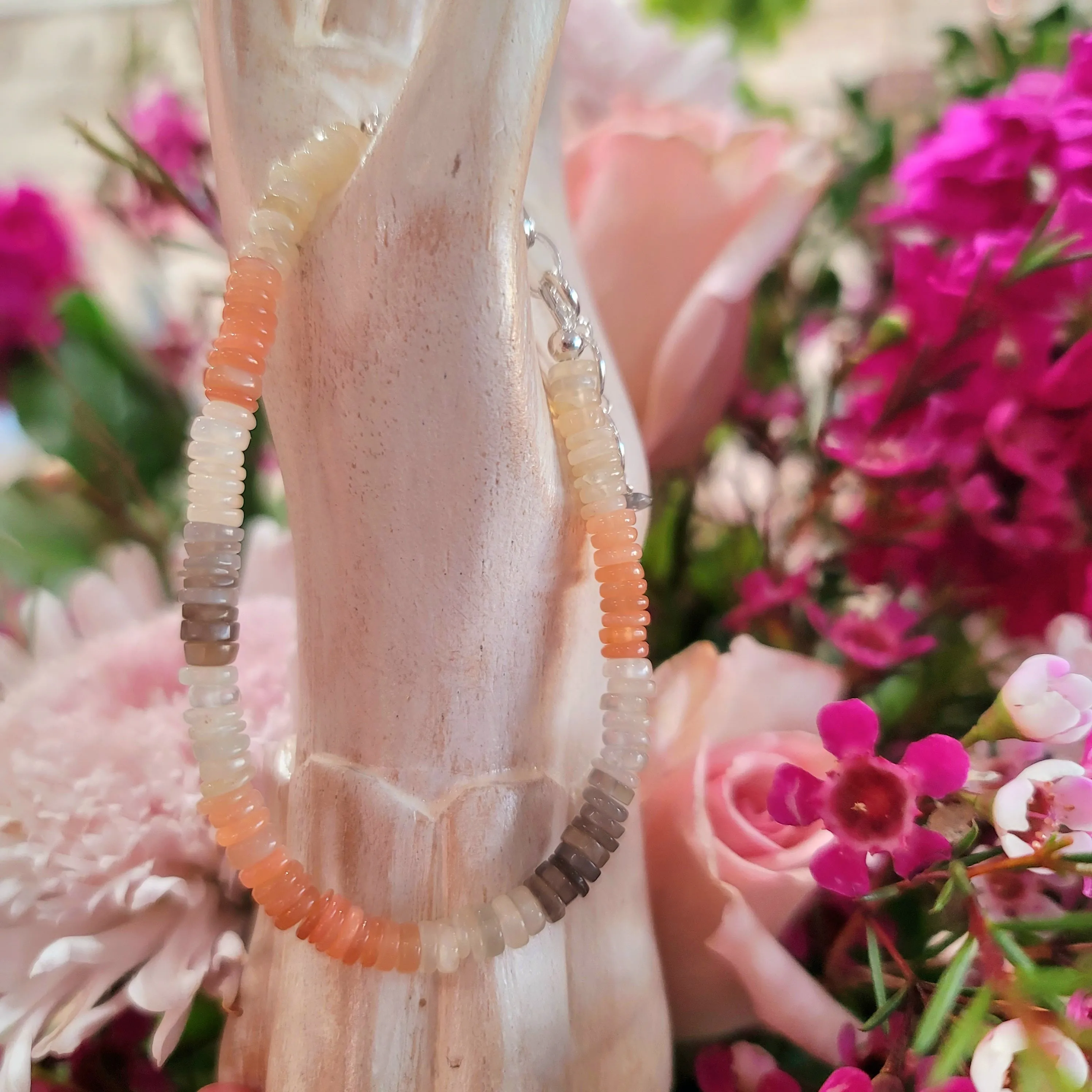 Champagne Moonstone, Peach Moonstone, Silver Moonstone Rondelle Bracelet for New Beginnings