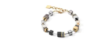 COEUR DE LION BRACELET  GOLD PLATED ST/ST GEO-CUBE IN BLACK/GOLD & TITANIUM OXIDE HEMATITE/ SYNTHETIC TIGER EYE/ RHINESTONE/ GLASS & EUROPEAN CRYSTALS