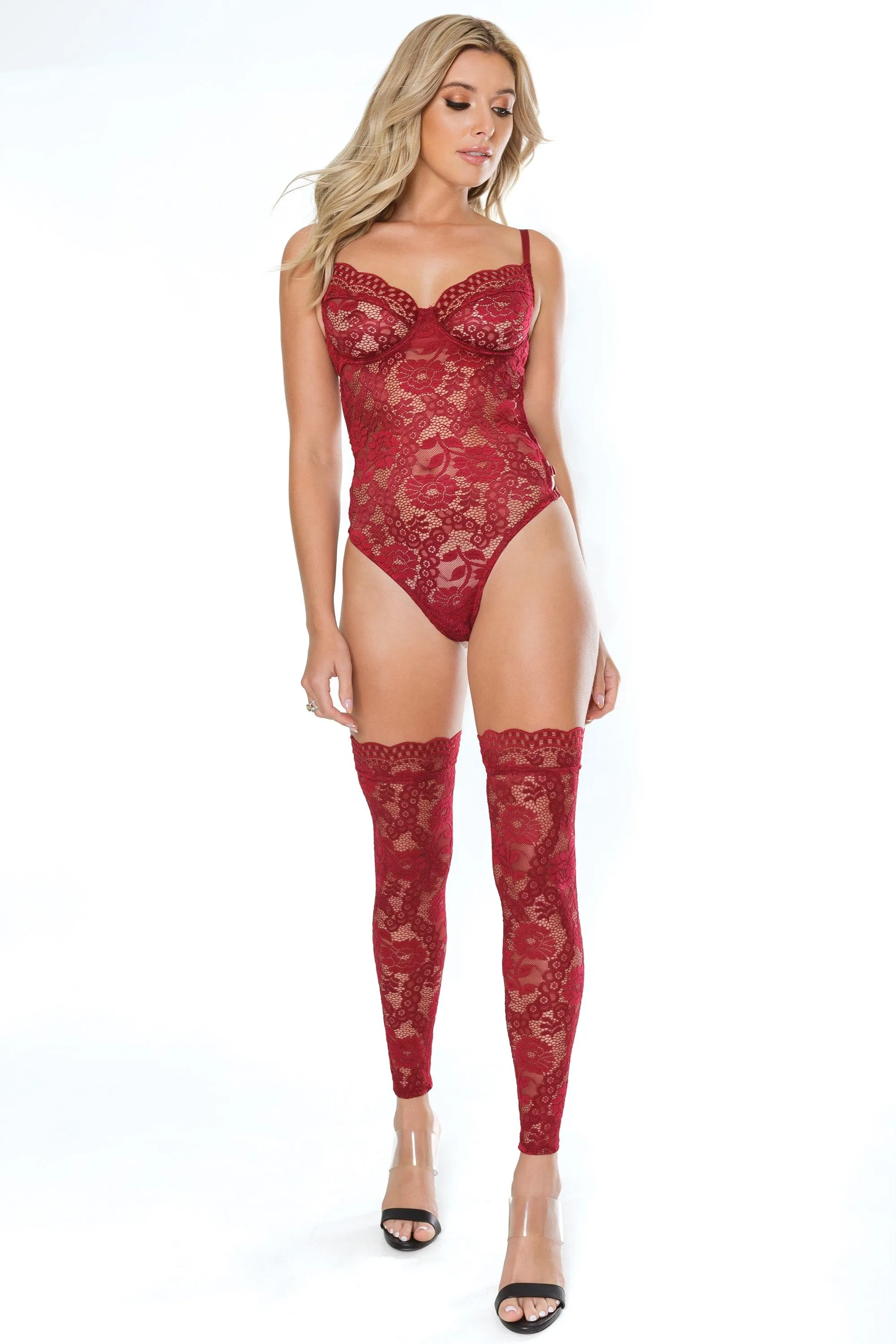 Coquette Ruby Red Scallop Stretch Lace Teddy