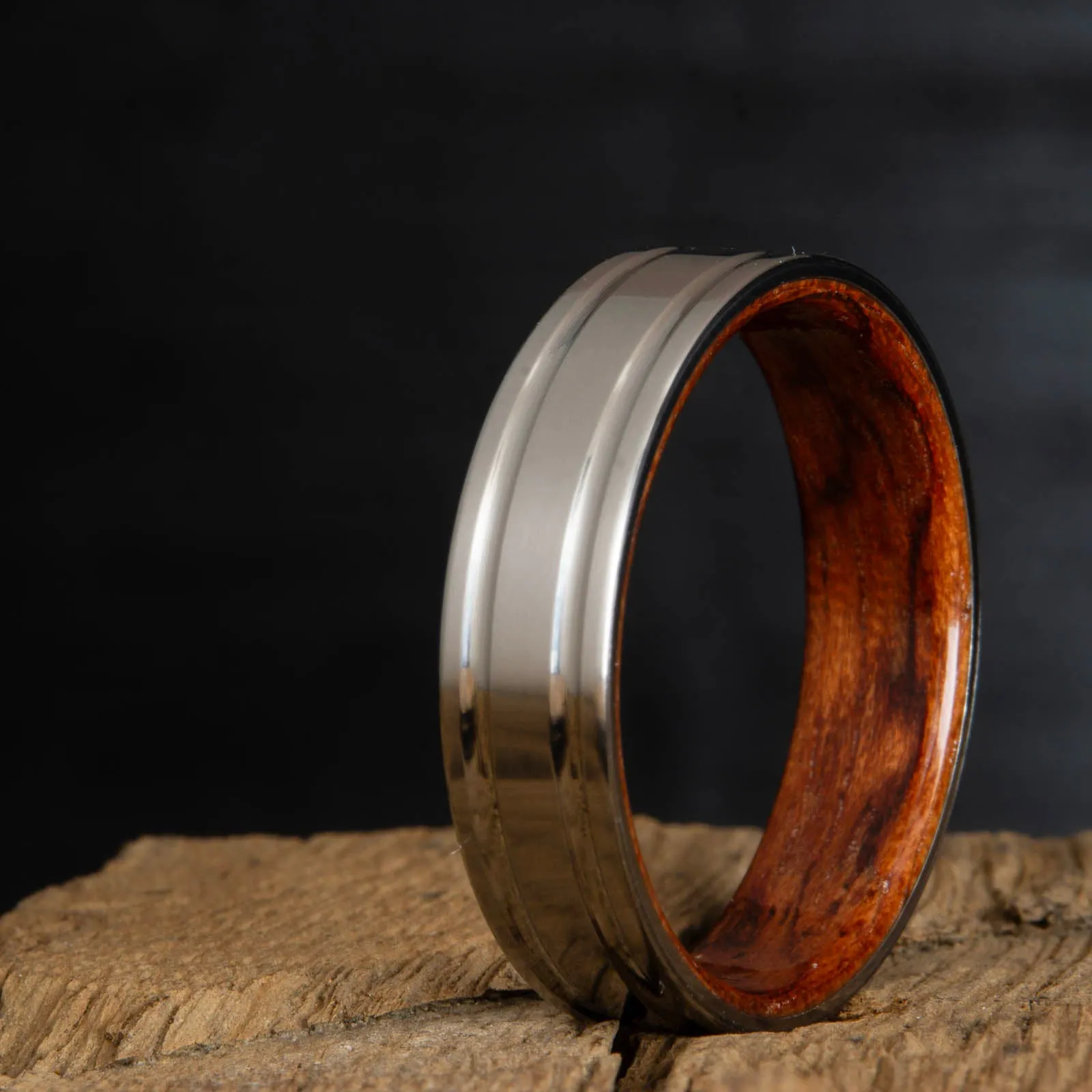 Double grooved satin titanium and Bubinga ring