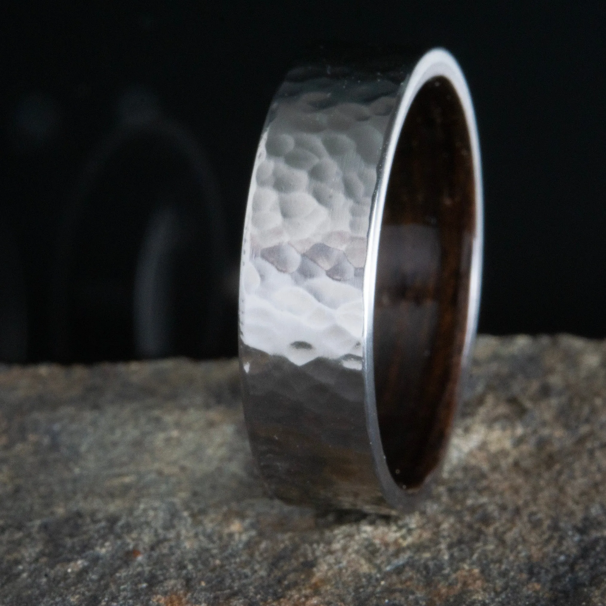 Ebony wood and Hammered Titanium ring or wedding band