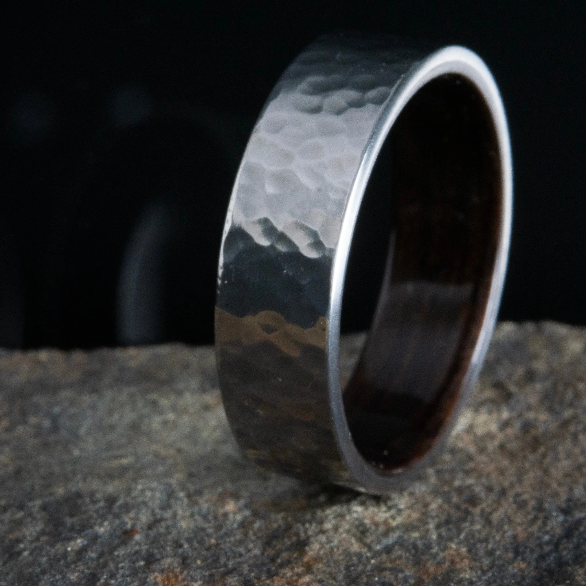 Ebony wood and Hammered Titanium ring or wedding band