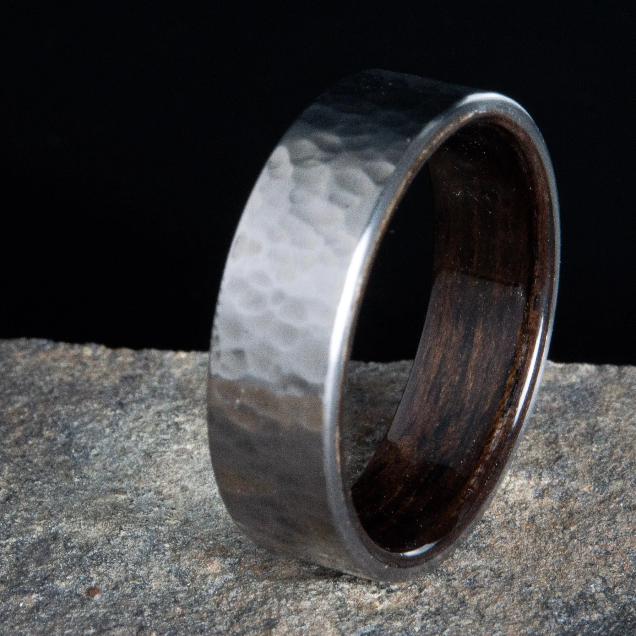 Ebony wood and Hammered Titanium ring or wedding band