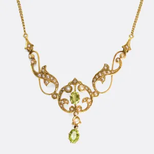 Edwardian Peridot & Pearl Lavaliere Necklace