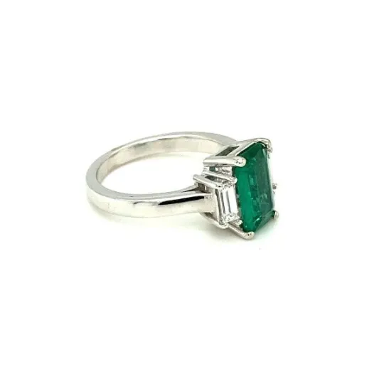Emerald-Cut Gemstone & Natural White Diamond 3 Stone Halo Style Ring