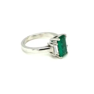 Emerald-Cut Gemstone & Natural White Diamond 3 Stone Halo Style Ring
