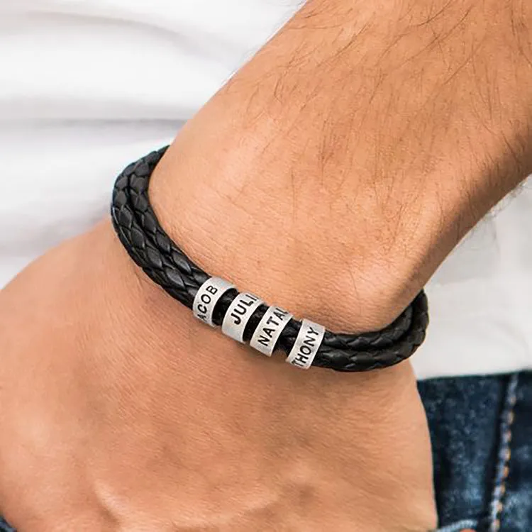 Engraved Titanium Beads Leather Bracelet Sexy silver grey gentlemen ]