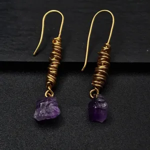 Handmade Raw Amethyst Crystal Brass Wire Wrapped Hook Earrings
