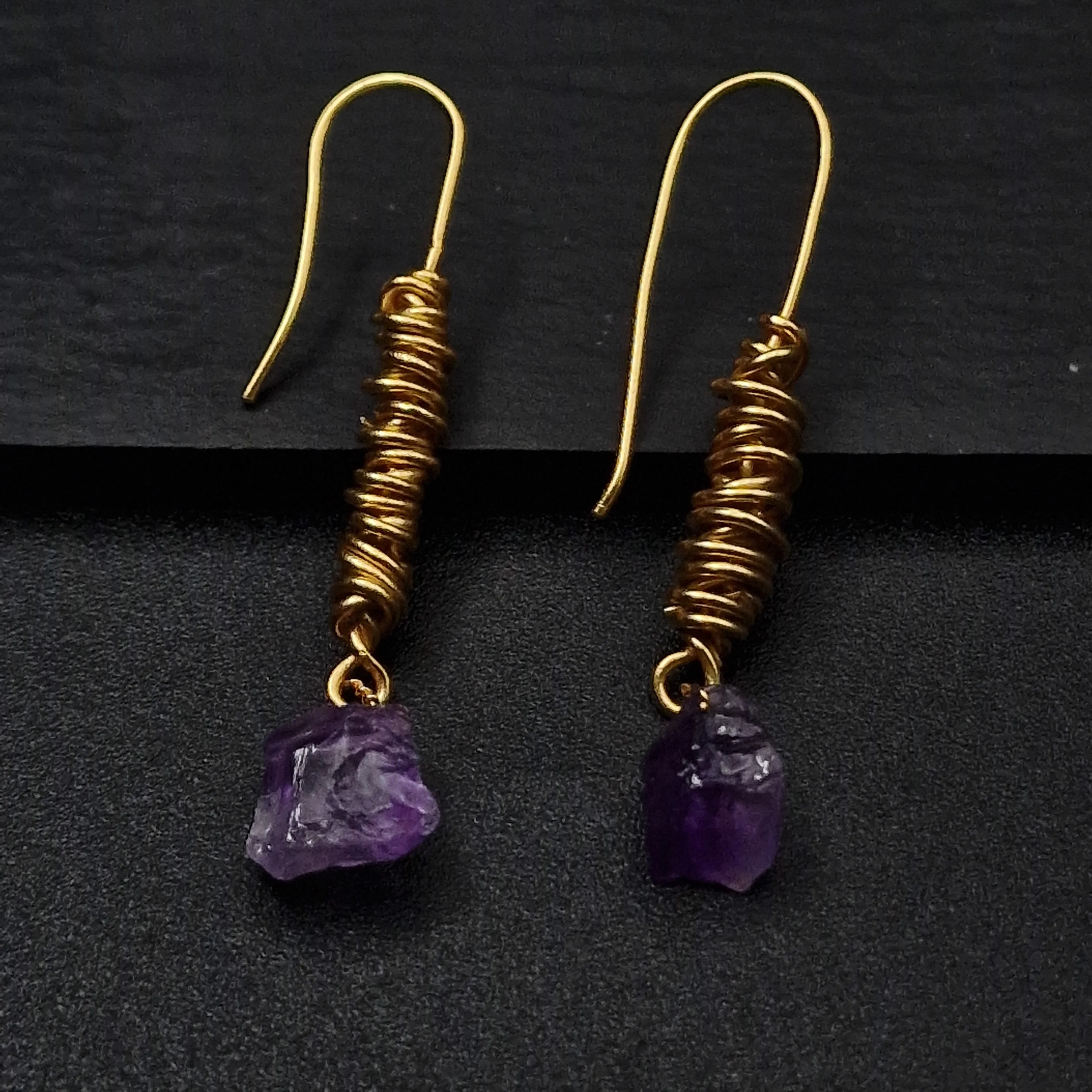 Handmade Raw Amethyst Crystal Brass Wire Wrapped Hook Earrings