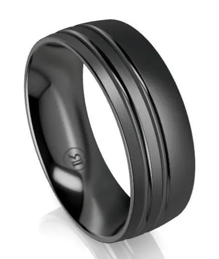 Offset Dual Grooved Black Zirconium Wedding Ring - Comfort Fit