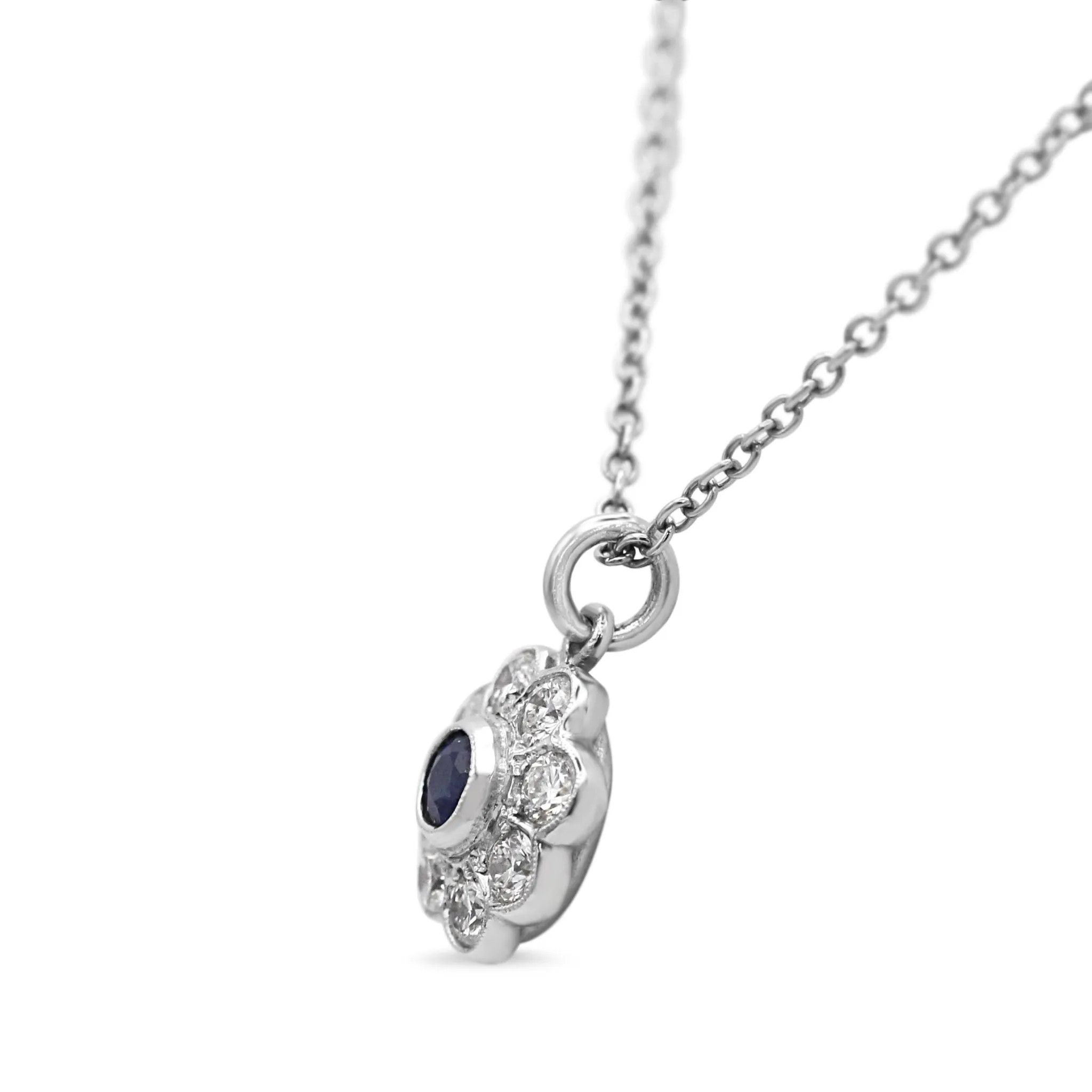 Platinum Diamond & Sapphire Daisy Cluster Pendant On Chain