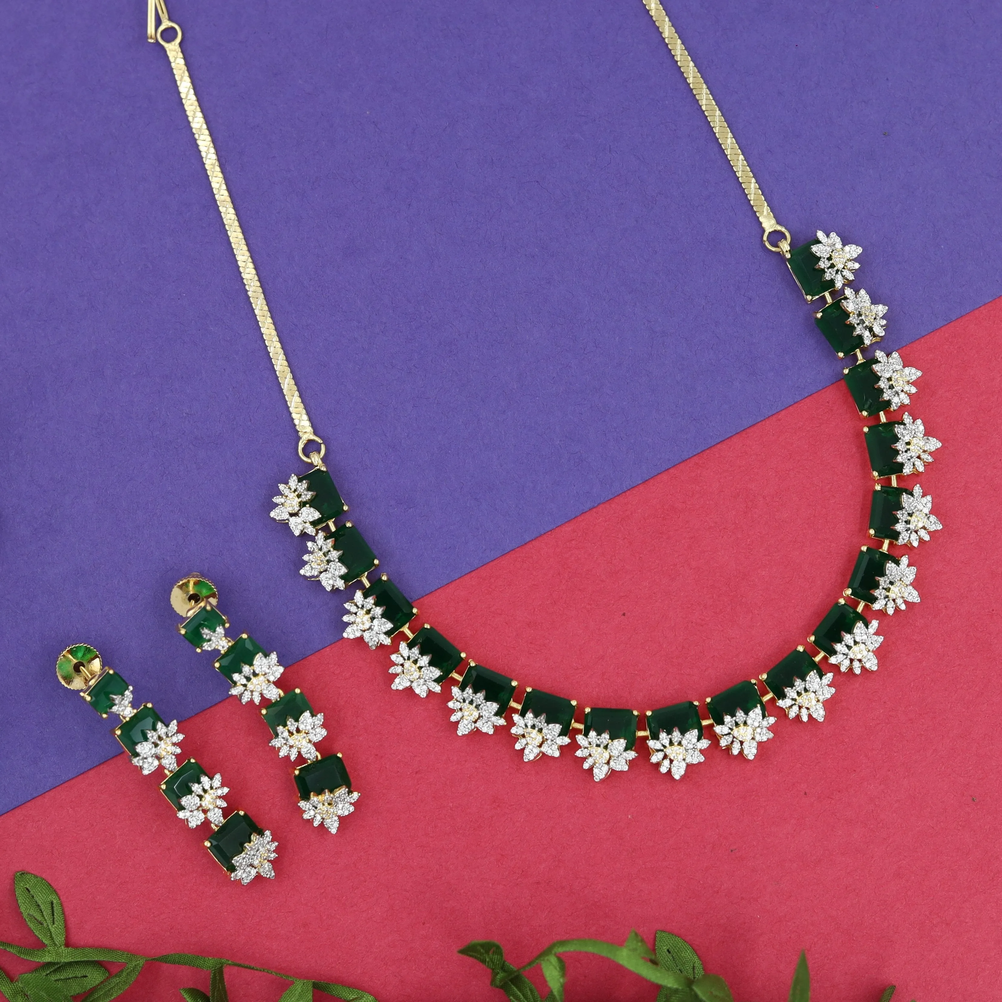 Round Neck Zircon/AD Necklace Set 15343-69