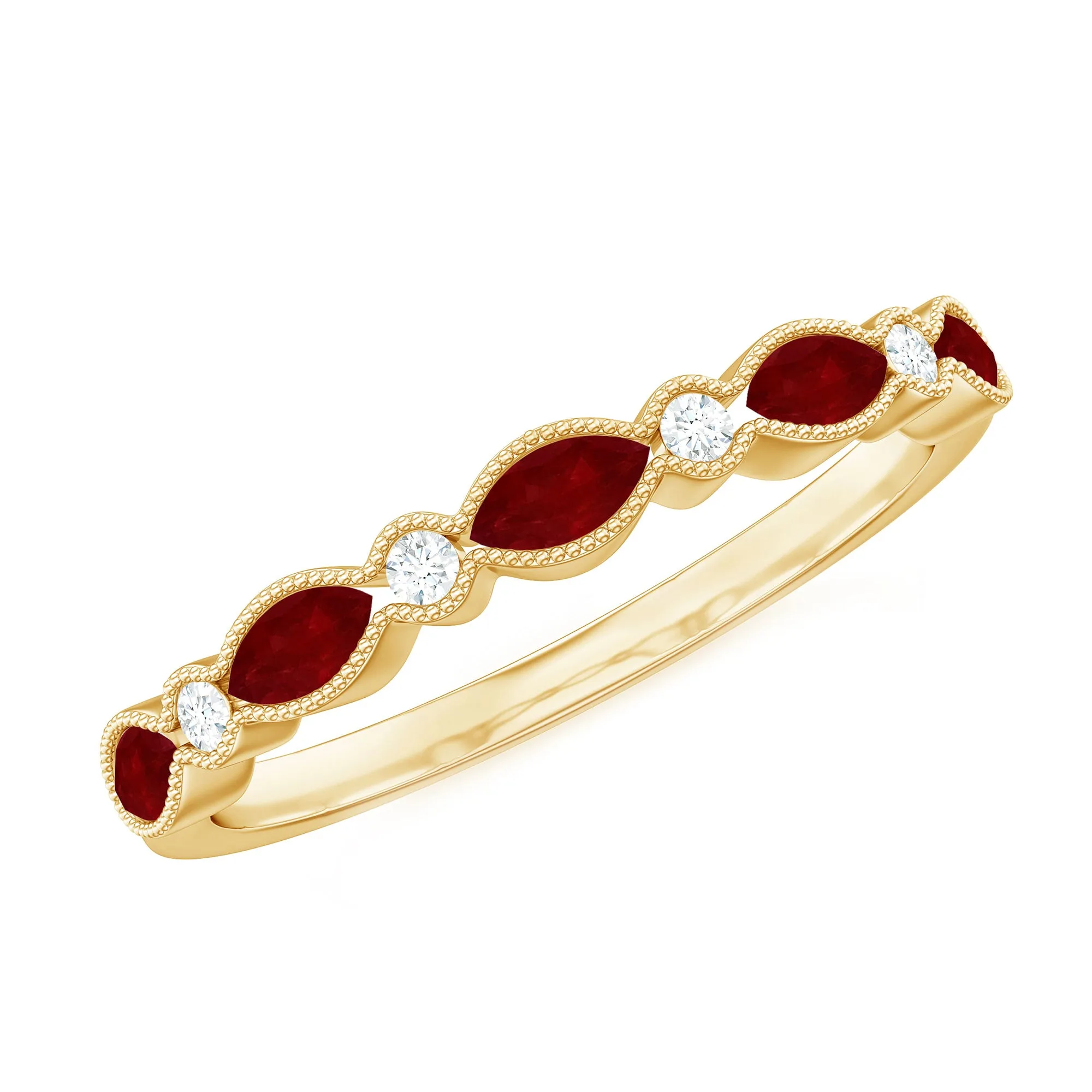 Ruby and Moissanite Stackable Ring in Beaded Bezel Setting