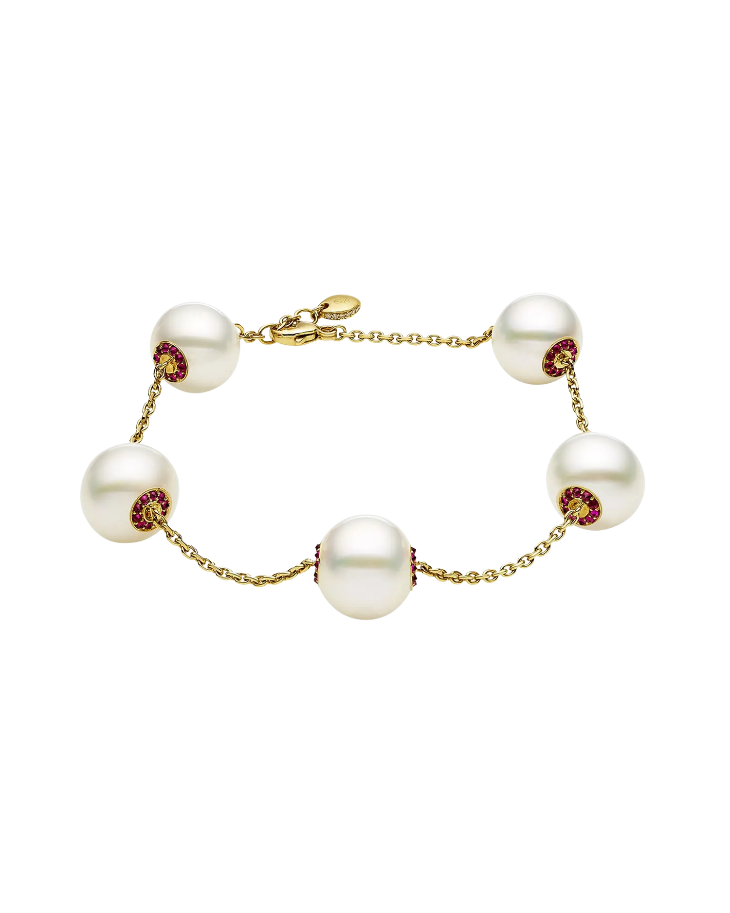 Ruby Touchstone Pearl Bracelet | 12mm Button Pearls, Rubies and Yellow Gold