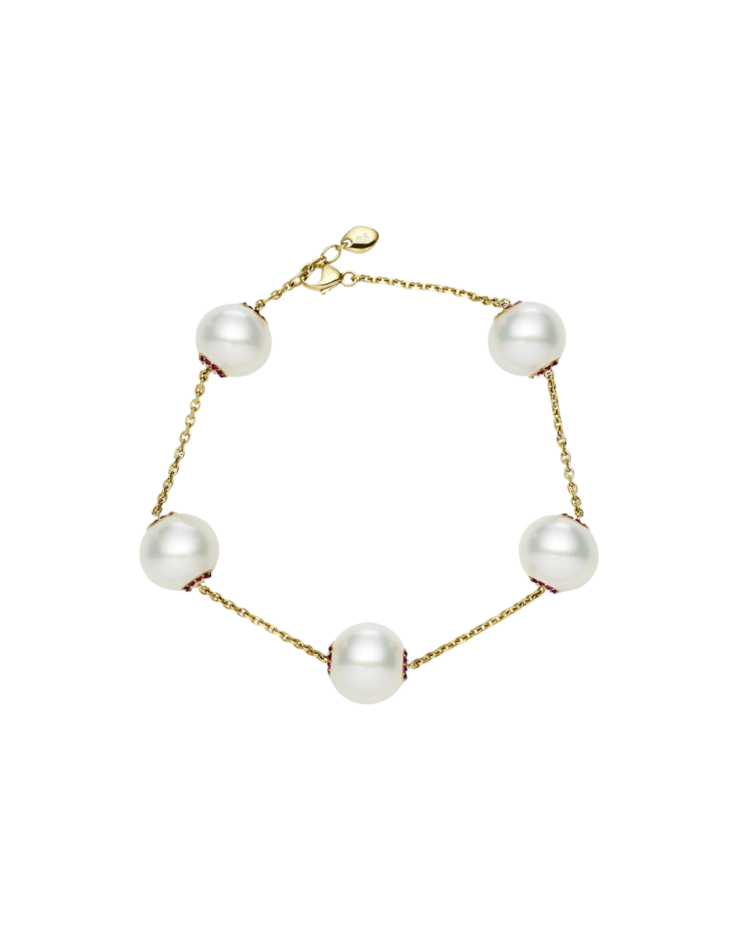 Ruby Touchstone Pearl Bracelet | 12mm Button Pearls, Rubies and Yellow Gold