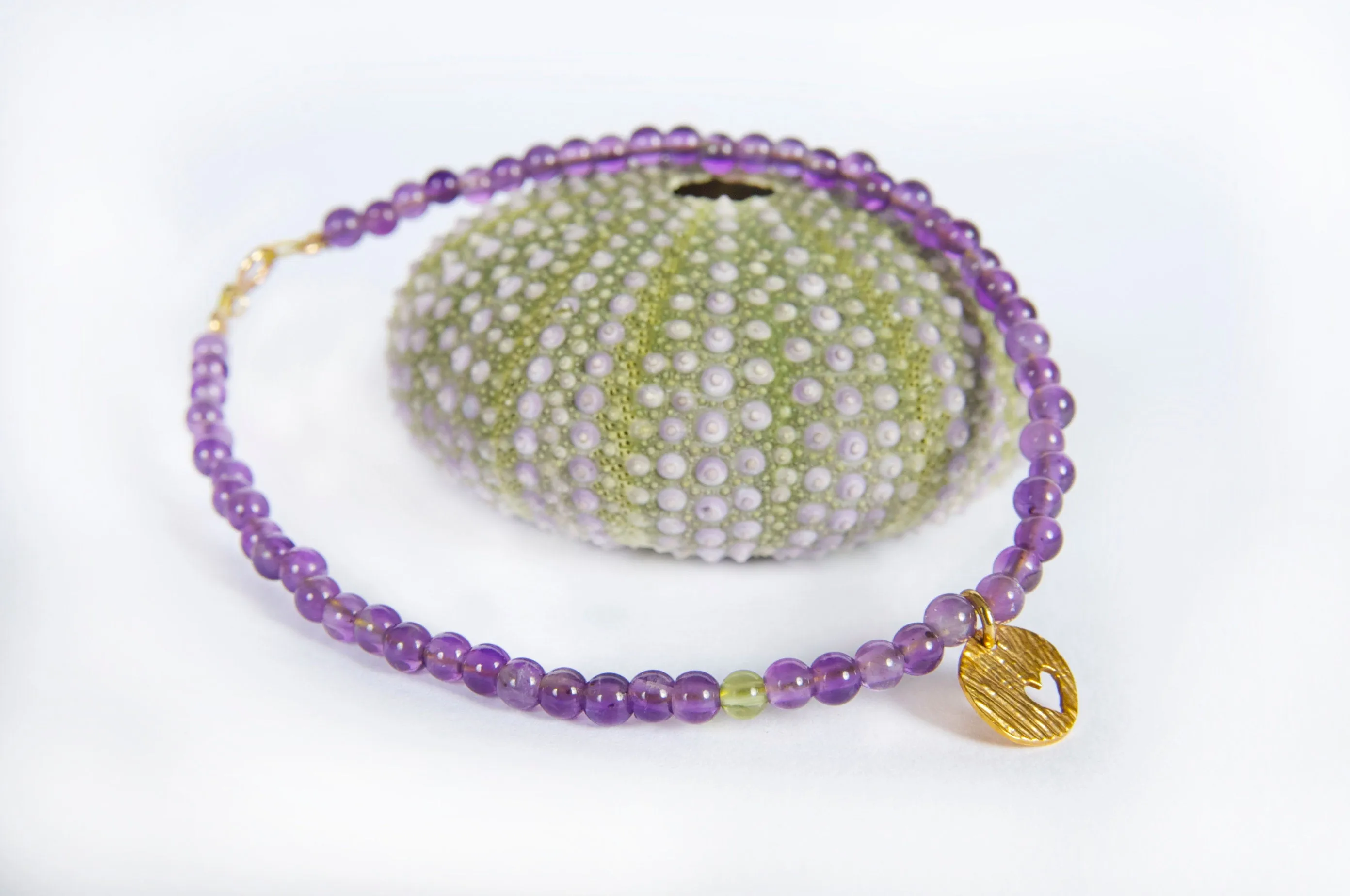 Thin Gold Bracelet, 14k Solid Gold Heart In Amethyst Beaded Bracelet