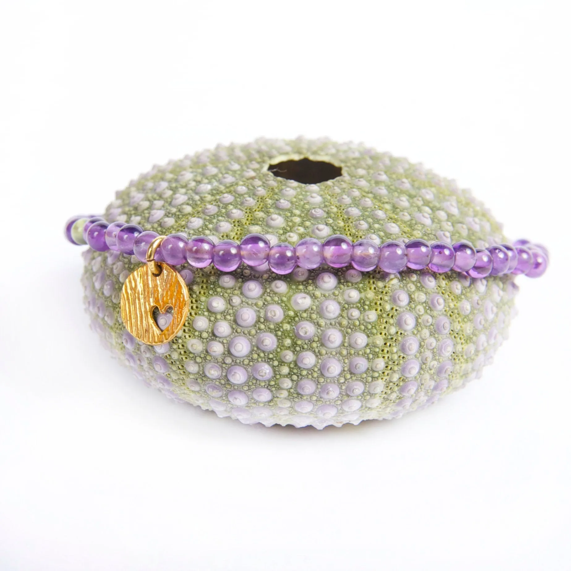 Thin Gold Bracelet, 14k Solid Gold Heart In Amethyst Beaded Bracelet