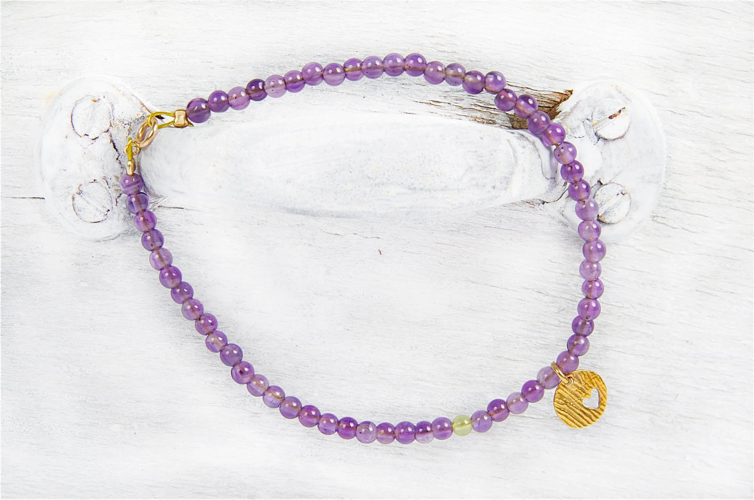 Thin Gold Bracelet, 14k Solid Gold Heart In Amethyst Beaded Bracelet