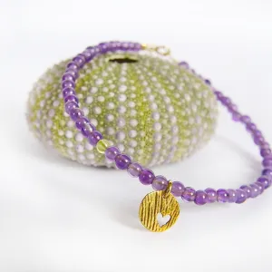 Thin Gold Bracelet, 14k Solid Gold Heart In Amethyst Beaded Bracelet