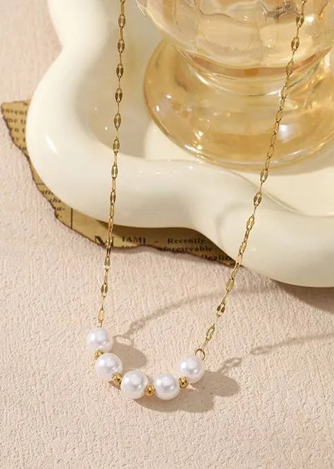 Titanium Modern 5-Pearl Gold Necklace (Waterproof)