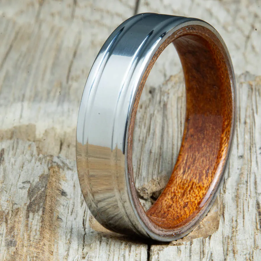 Titanium wedding band with Acacia interior