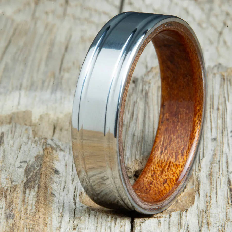 Titanium wedding band with Acacia interior