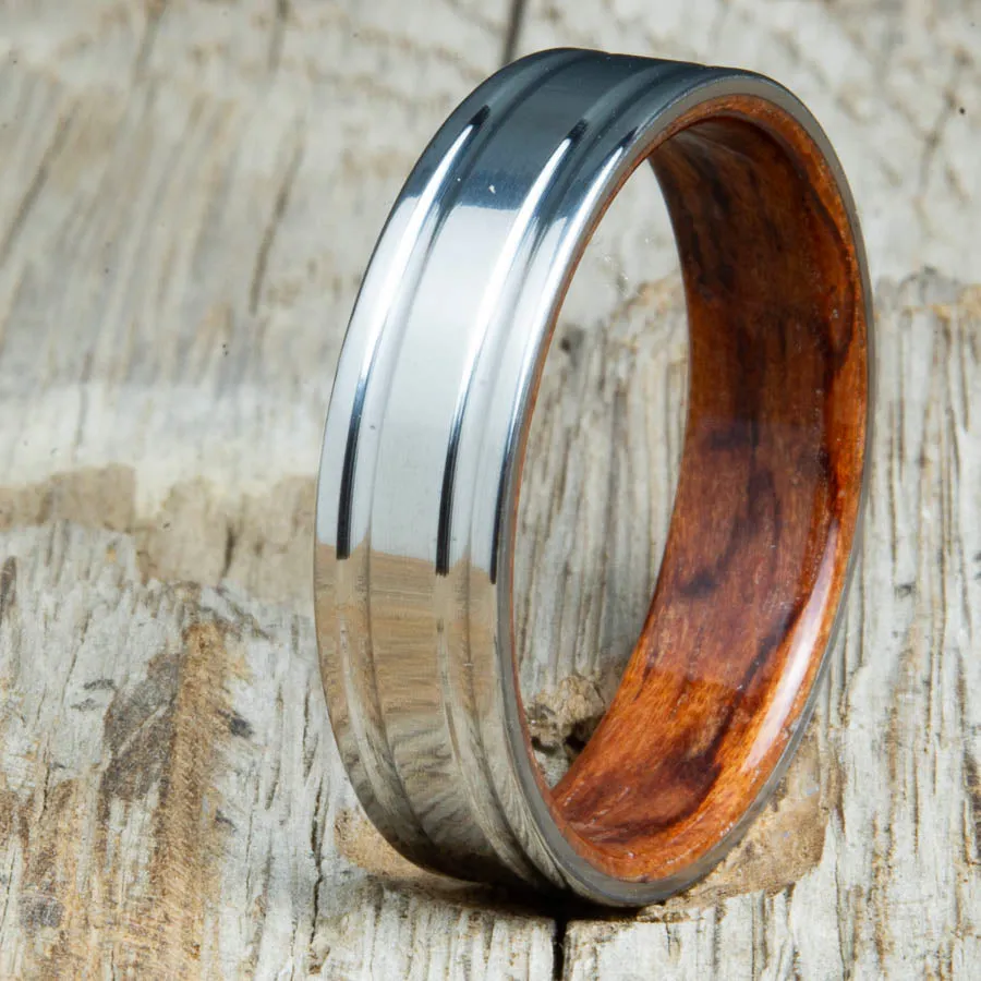 Titanium wedding band with Bubinga interior