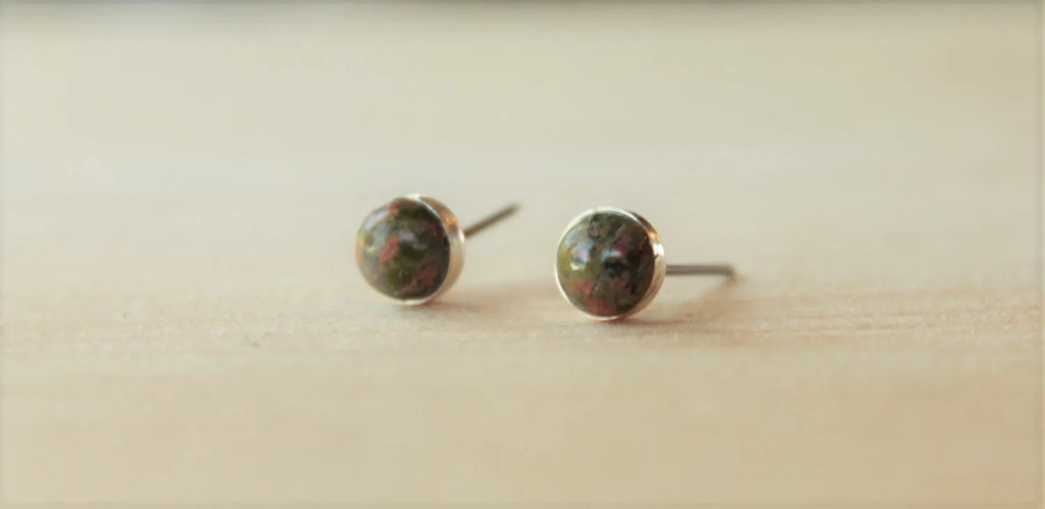 Unakite Gemstone Bezels (Niobium or Titanium Post Earrings)