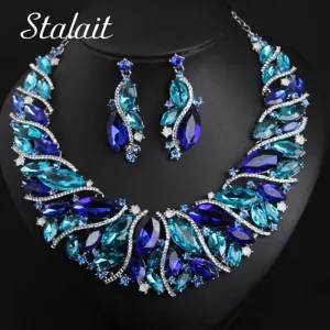 Vintage Statement Crystal Necklace Earrings Set Retro Dubai Bridal Jewelry Sets Women's Party Luxury Big Colorful Jewellery Gift